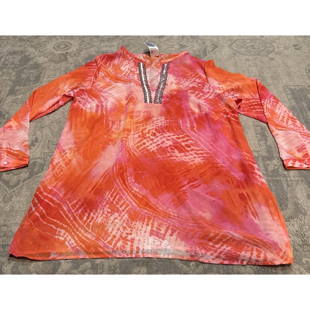Chico's Orange Pink Sheer Beaded Neck Long Sleeve Beach Kaftan Blouse Sz 2 Large
